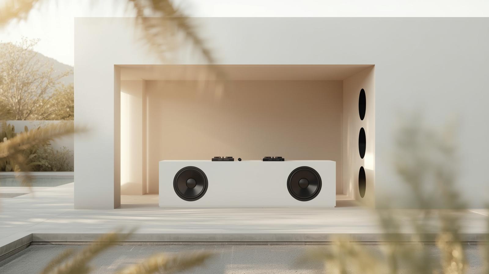 A minimalist and clean photography style captures a DJ booth with large, round speakers, positioned within a deconstructed villa during the daytime. The composition is simple with ample negative sp